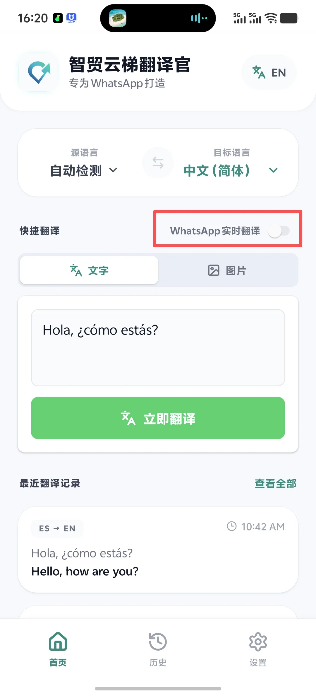 智能云梯翻译官首页 WhatsApp 实时翻译开关位置
